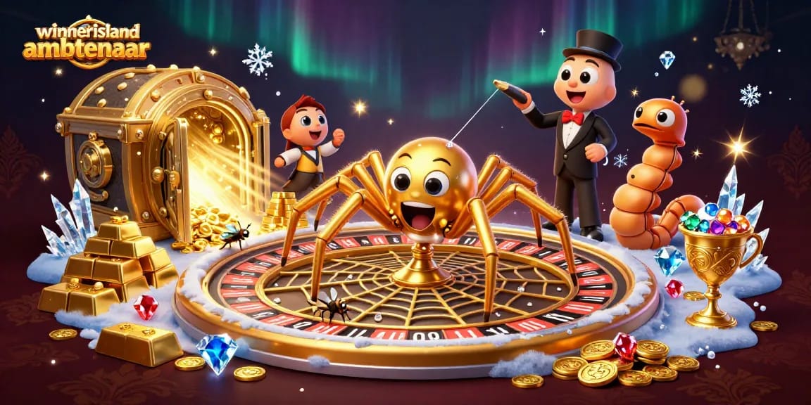 Place bets in Winnerisland ambtenaar's vibrant casino scene with spinning roulette wheel and gold treasures.