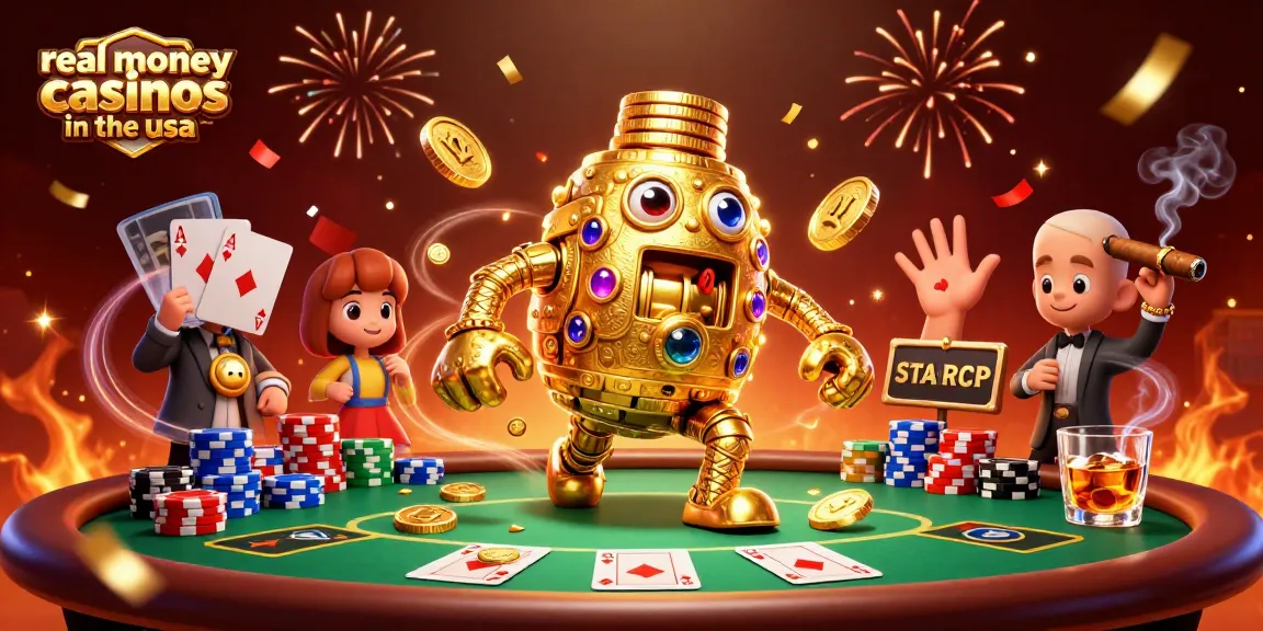 Engaging visualization of real money casinos in the usa featuring a golden golem and poker elements.