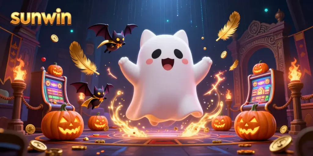 Experience the captivating atmosphere of sunwin with a ghost cat and vampire bat in a haunted casino.