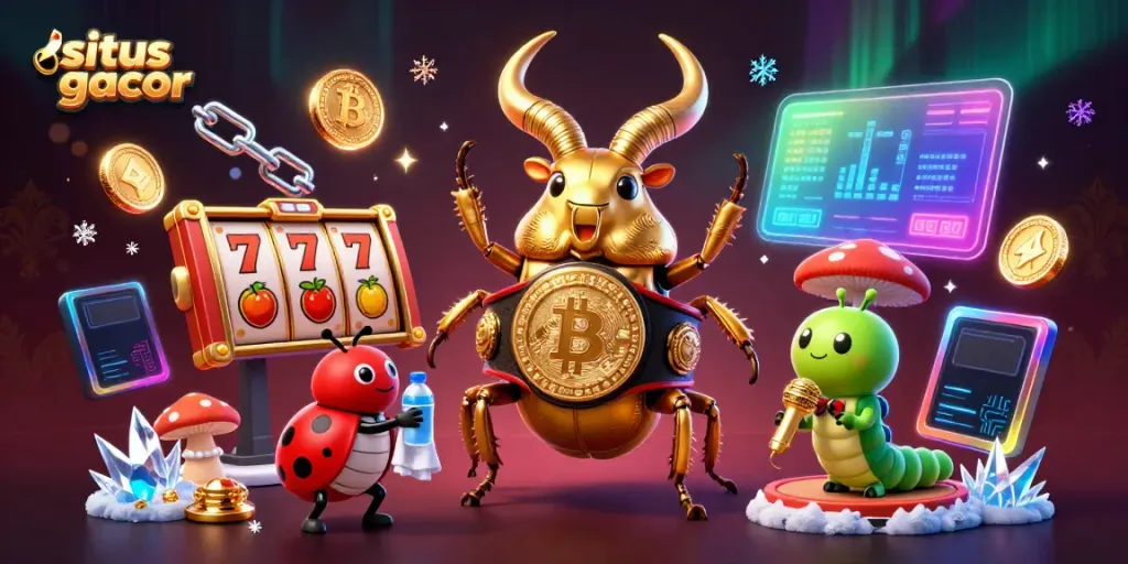 Memperlihatkan situs gacor dengan stiker slot, jackpot, dan simbol buah dalam ilustrasi 3D yang dinamis