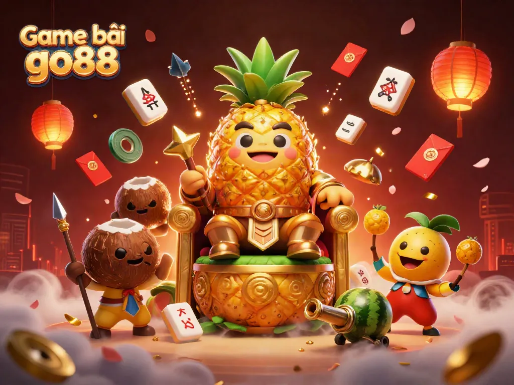 Game bài go88 illustration showcasing vibrant casino elements and characters in a lively beach scene.