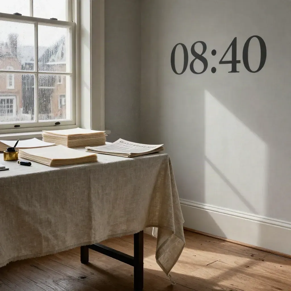 Cinematische schrijfstudio met papiermaquettes, inktpot en zacht raampleinlicht in een oud townhouse.