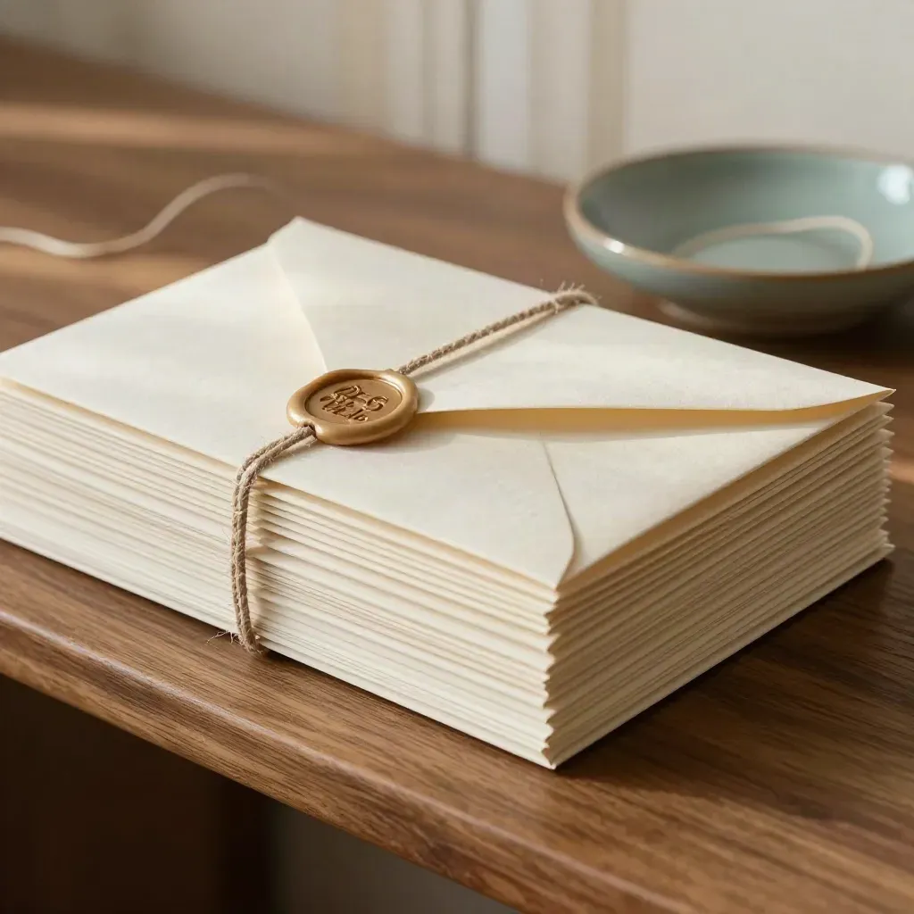 Close-up van nieuwsbriefverpakkingsmateriaal met enveloppen, touw en lakzegel op een warme houten werkplek.