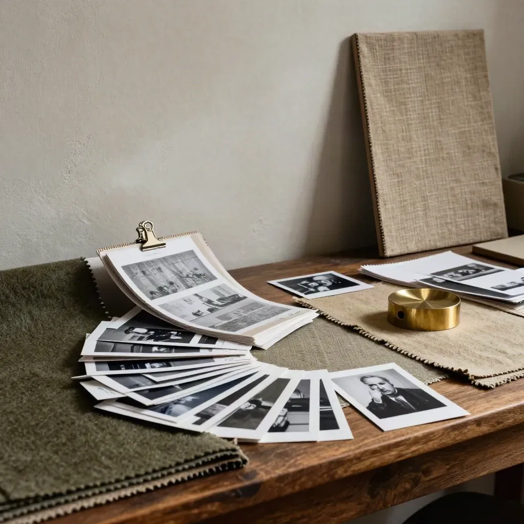 Moody atelier met verhaalkaarten, textielstalen en fotoafdrukken op een linnen bord.