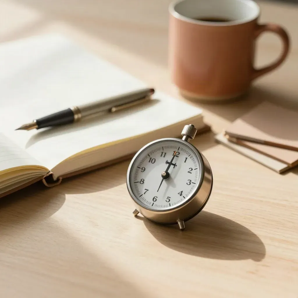 Schrijfcoaching-spullen op eikenhout: notitieboek, timer, pen, kaarten en mok in zacht ochtendlicht.