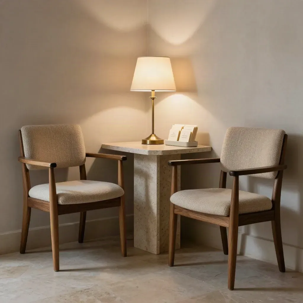 Cozy receptiehoek voor coachpraktijk met stoelen, lamp en afspraakkaarten in Utrecht.