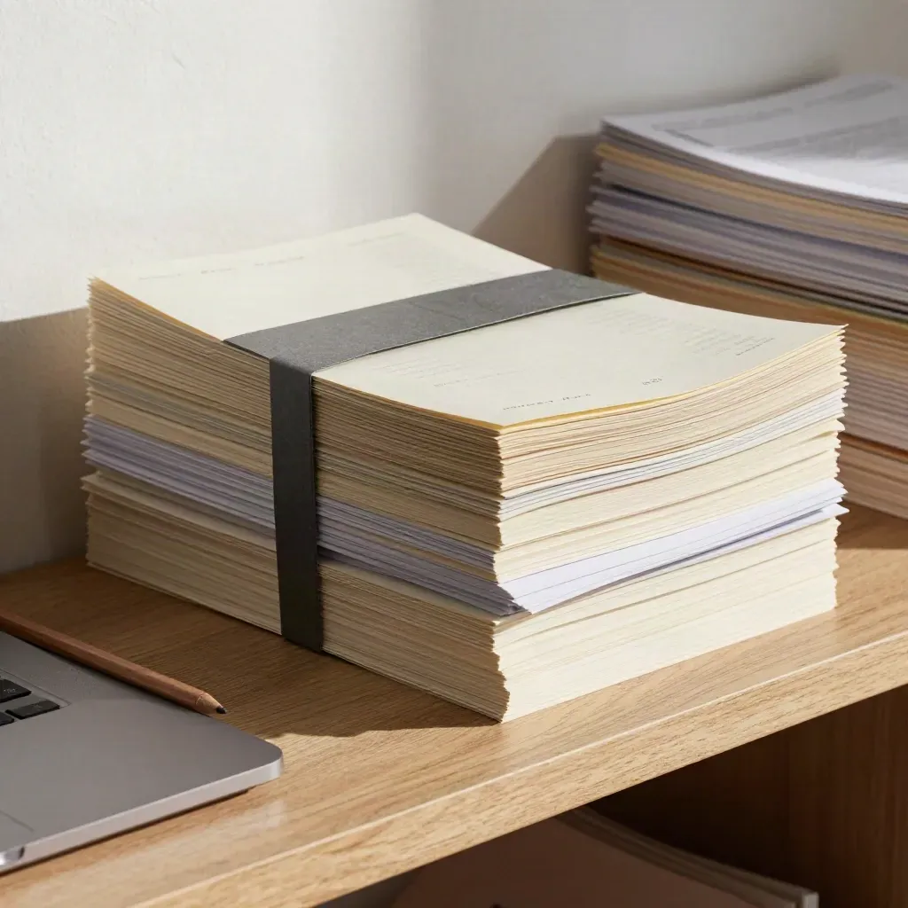 Boekjes, notities, laptop en potlood op een plank, netjes uitgelijnd in zacht licht.