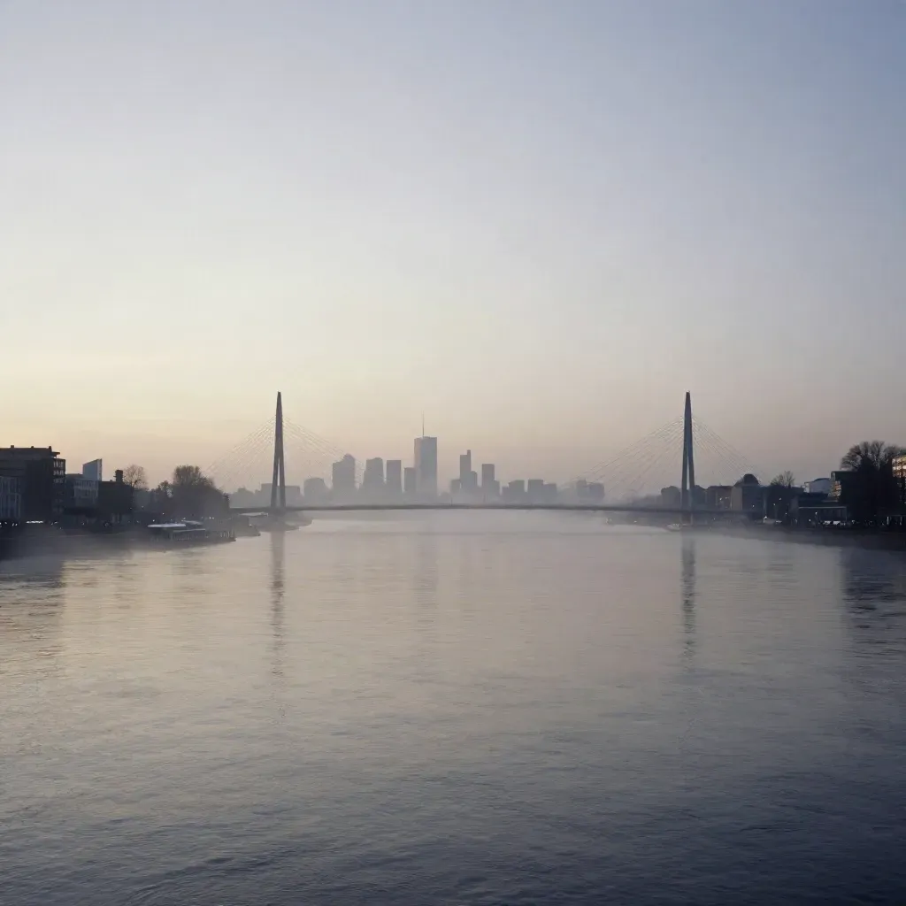 Misted Randstad skyline met bruggen, water en verre torens in blauw uur.