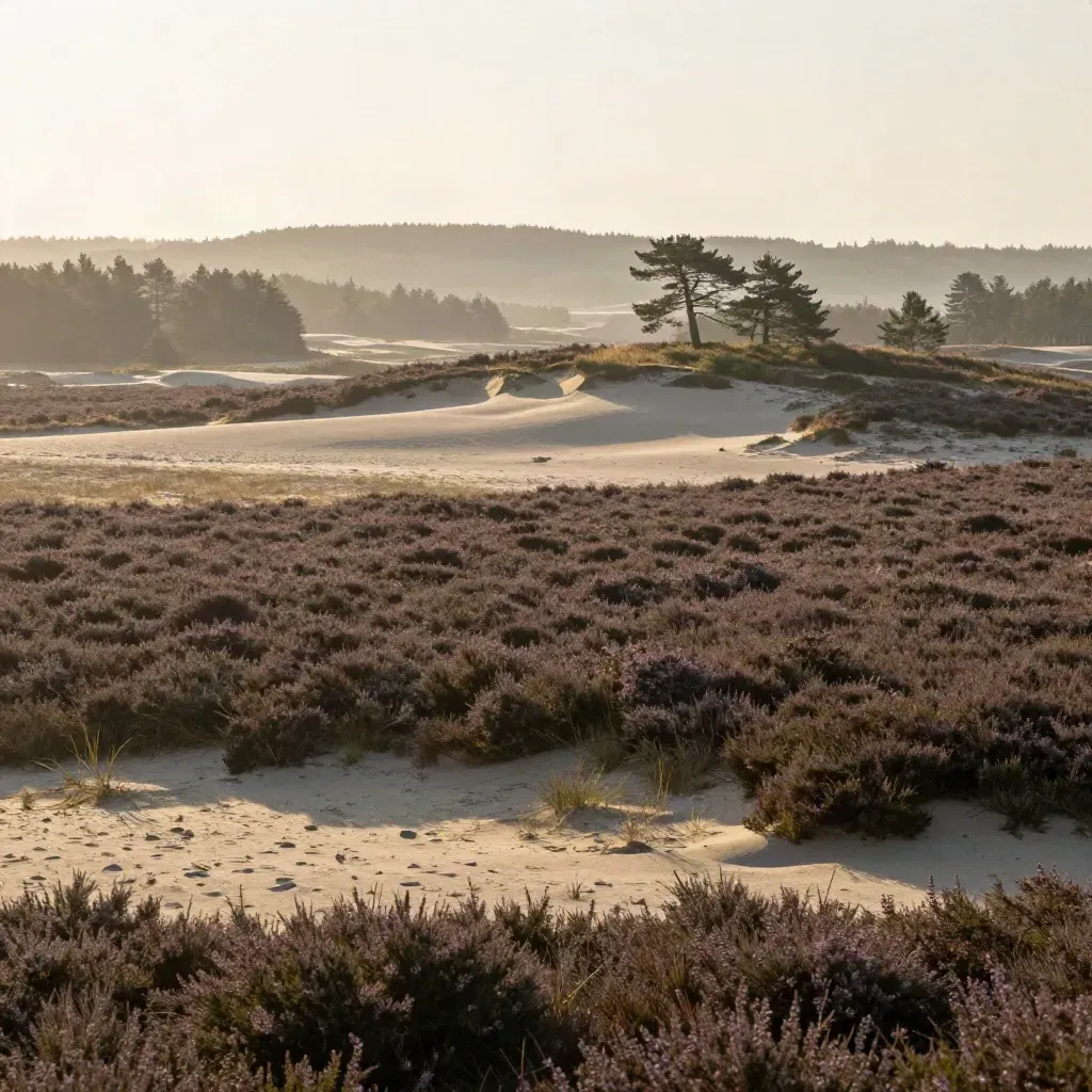 Heidelandschap op de Veluwe bij Gelderland met dennen en zachte nevel