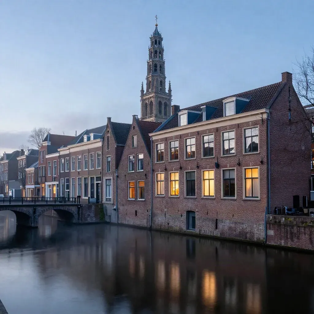 Utrecht bij blauw uur met de Domtoren boven stille grachten en bruggen