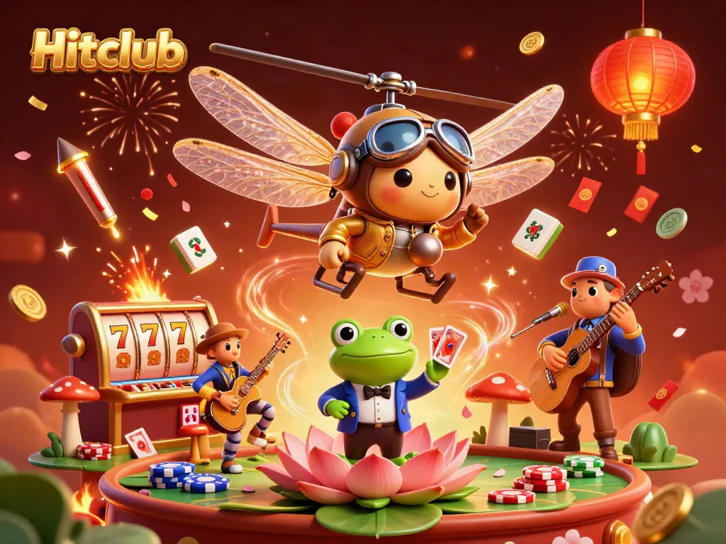 Hitclub's vibrant casino scene with a dragonfly pilot, frog dealer, and jazz-playing crickets.