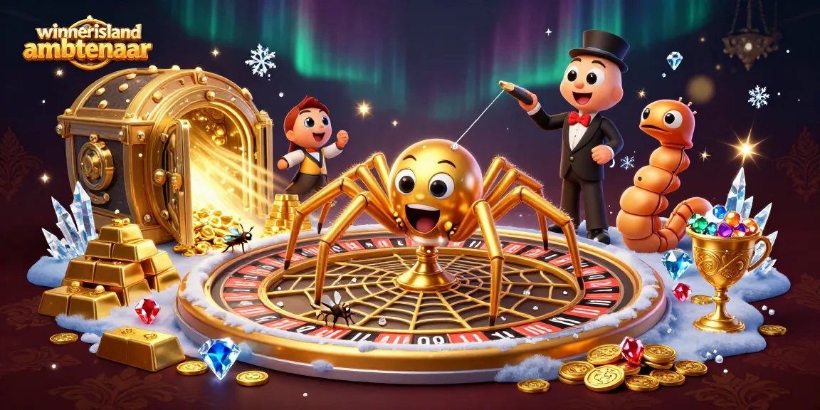 Place bets in Winnerisland ambtenaar's vibrant casino scene with spinning roulette wheel and gold treasures.