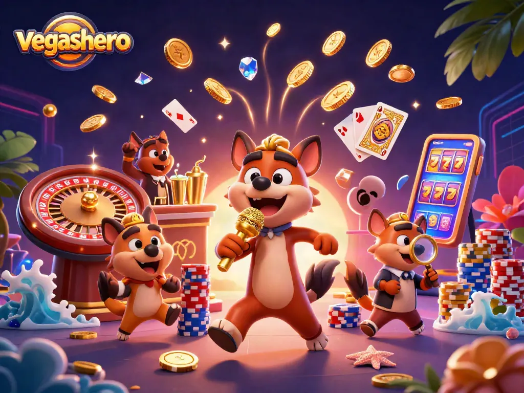 Experience the vibrant energy of VegasHero with hyenas in a comedy casino scene featuring games and lively characters.