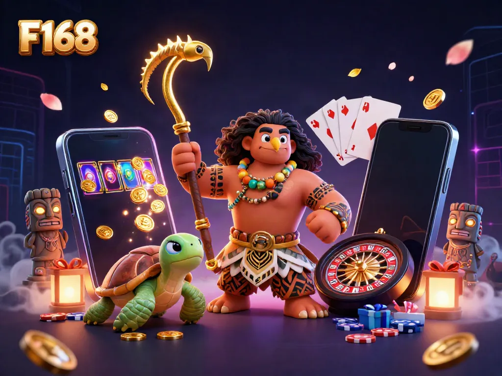 Engage in thrilling gameplay at F168, surrounded by vibrant casino elements and festive characters.