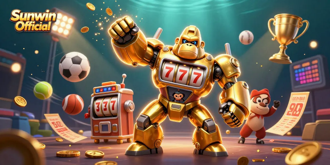 Experience the thrilling action of Sunwin Official with a dynamic illustration featuring a golden gorilla mech and exciting game elements.