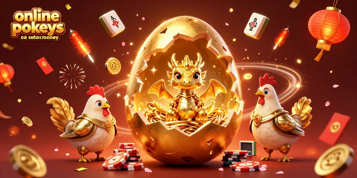 Win big with online pokies Australia real money with a golden dragon on poker chips and festive decorations.