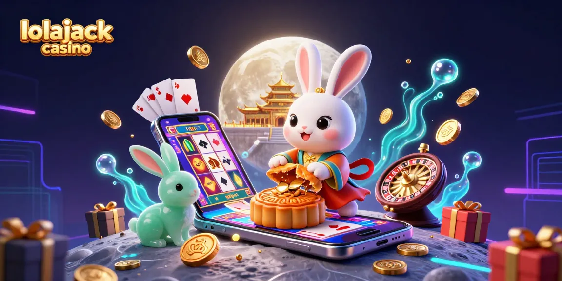 Win big at lolajack casino with a vibrant scene of a cartoon moon rabbit revealing poker chips amidst casino elements.