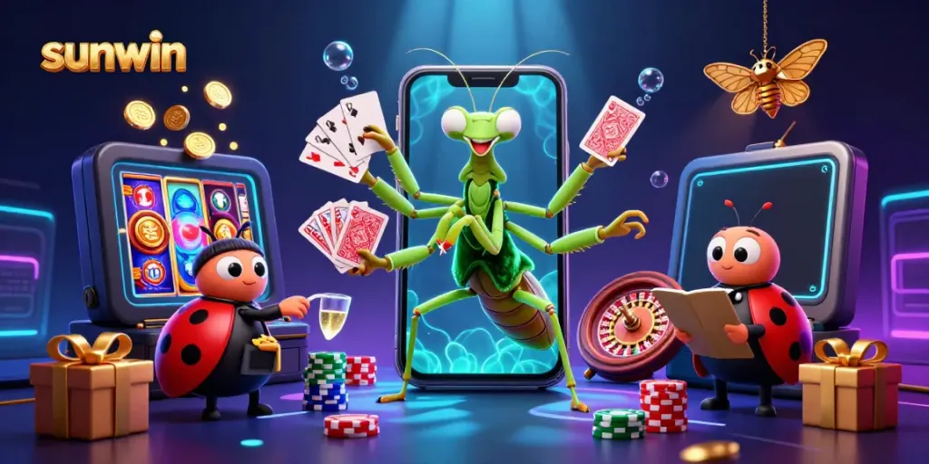 Engage with sunwin's exciting slot games and live casino action in a vibrant 3D digital artwork.