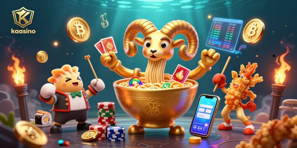 Kaasino features an engaging 3D casino scene with a golden ramen bowl character dealing cards and crypto coins.