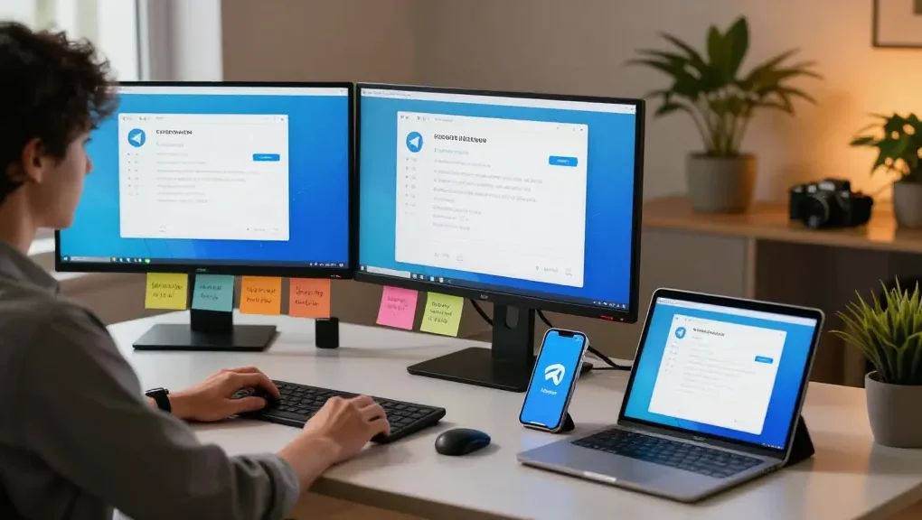 Setting up Telegram Chinese Version in a modern workspace with multiple monitors and tech tools.