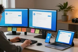 Setting up Telegram Chinese Version in a modern workspace with multiple monitors and tech tools.