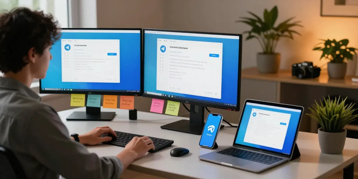 Setting up Telegram Chinese Version in a modern workspace with multiple monitors and tech tools.